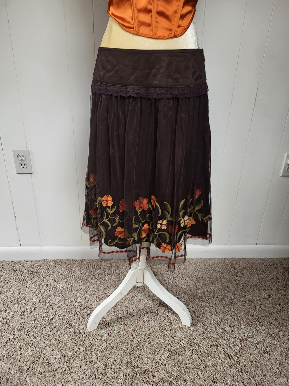 Brown Embroidered Floral Midi Skirt